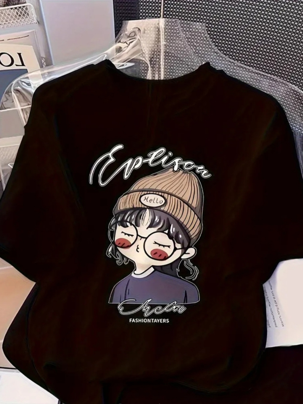 Graphic Tee with Cartoon Girl Print - Black